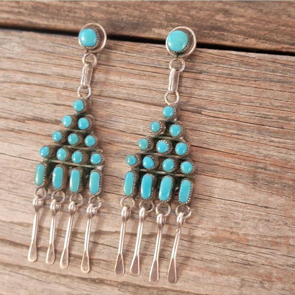 Sterling Zuni Native American Turquoise Dangle Post Earrings - Picture 3 of 5
